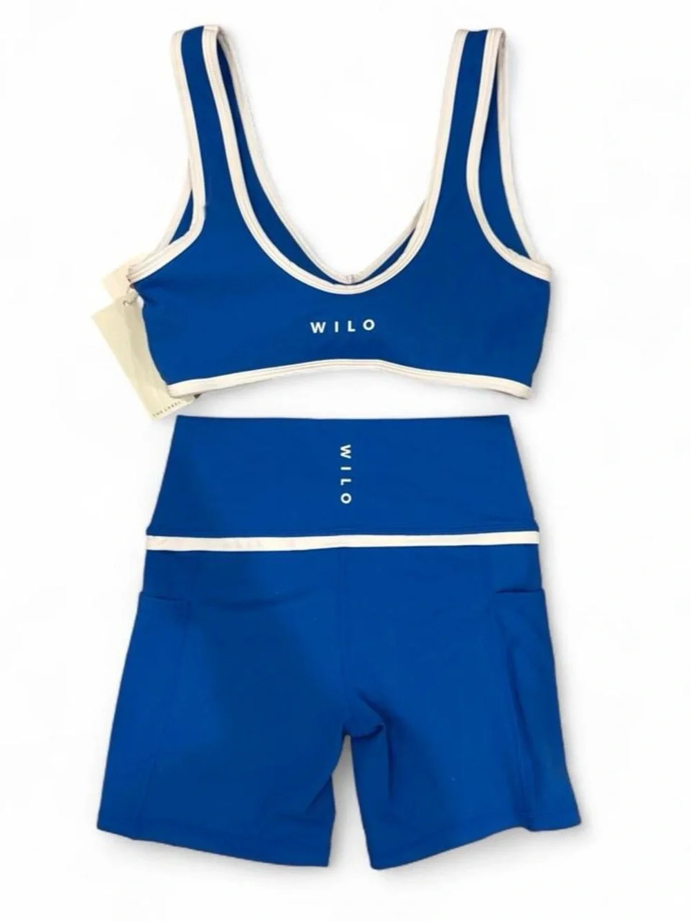 NWT WILO The Label Active Set Sports Bra Biker Shorts Cobalt Blue White, SZ S